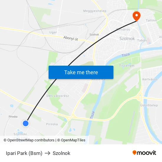 Ipari Park (Bsm) to Szolnok map