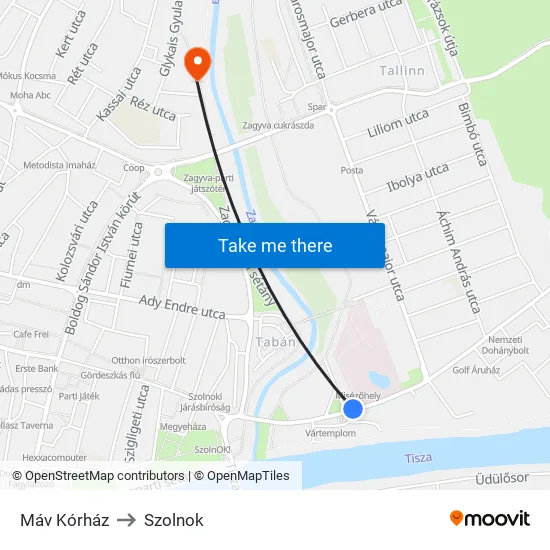 Máv Kórház to Szolnok map