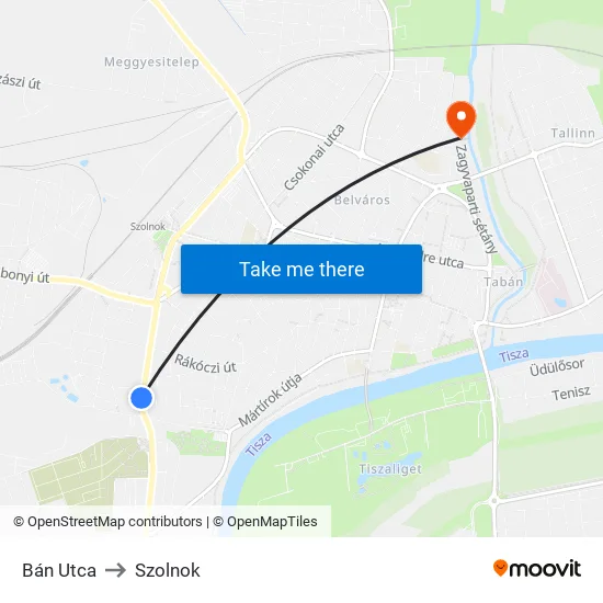 Bán Utca to Szolnok map