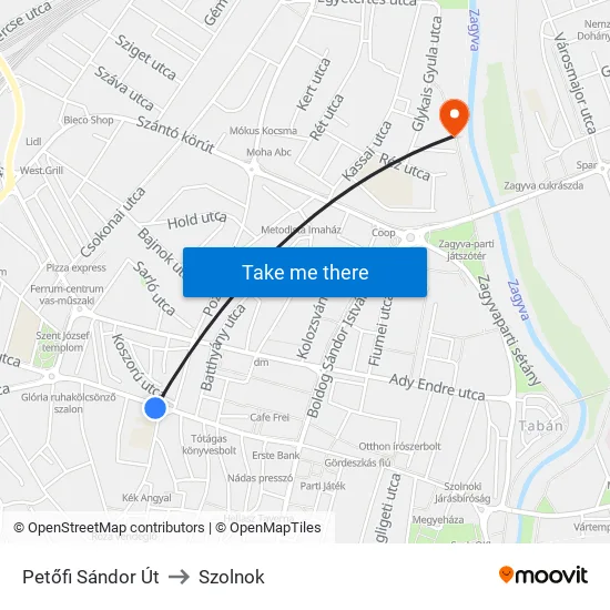 Petőfi Sándor Út to Szolnok map