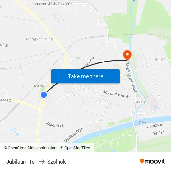 Jubileum Tér to Szolnok map