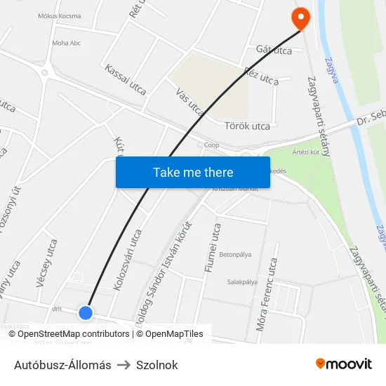 Autóbusz-Állomás to Szolnok map
