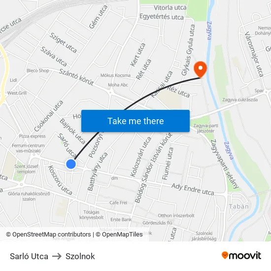Sarló Utca to Szolnok map