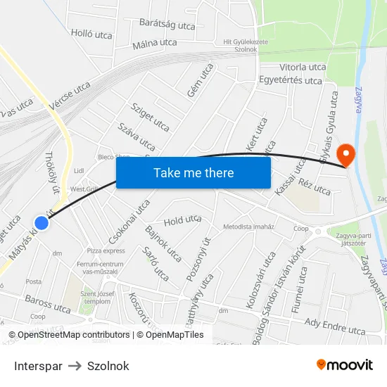 Interspar to Szolnok map