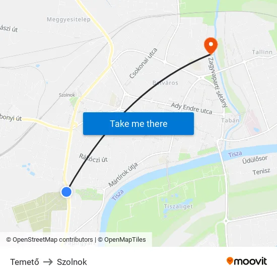 Temető to Szolnok map