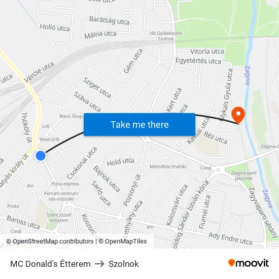MC Donald's Étterem to Szolnok map