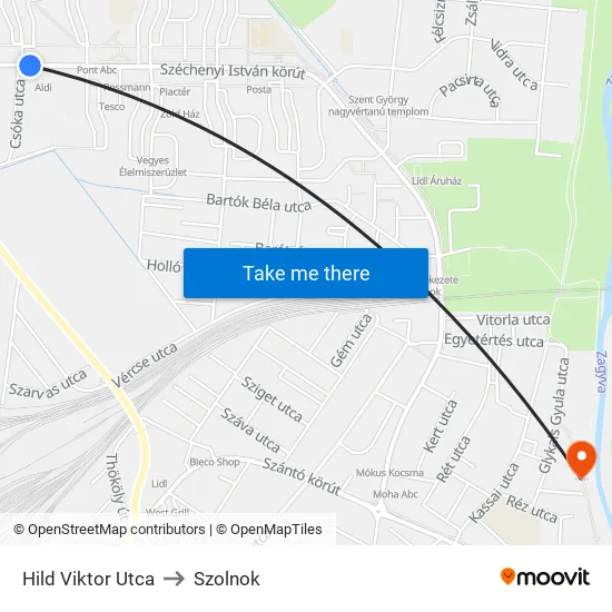 Hild Viktor Utca to Szolnok map