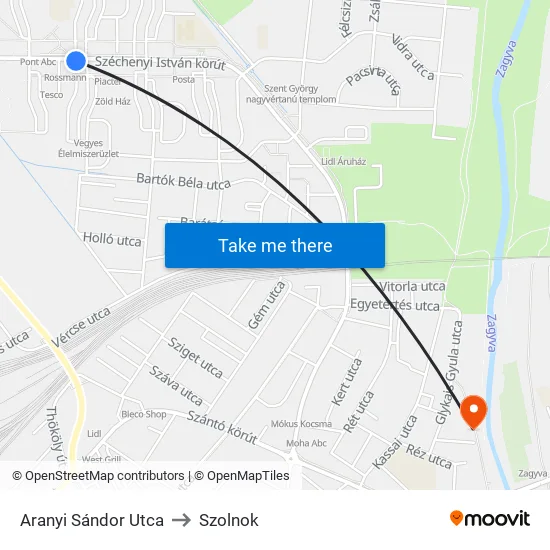 Aranyi Sándor Utca to Szolnok map