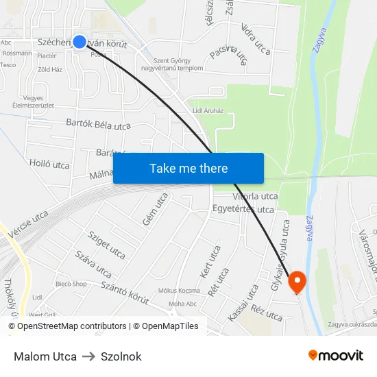 Malom Utca to Szolnok map