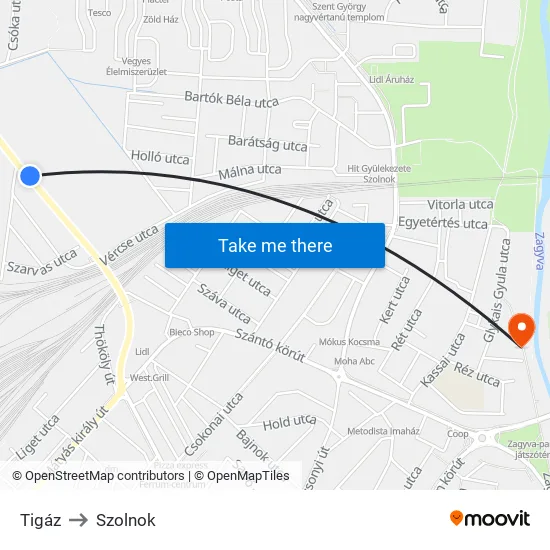 Tigáz to Szolnok map