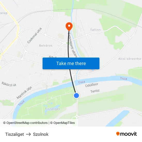 Tiszaliget to Szolnok map