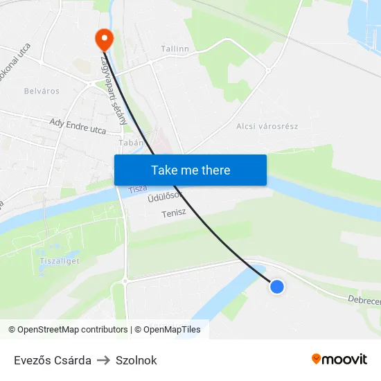 Evezős Csárda to Szolnok map