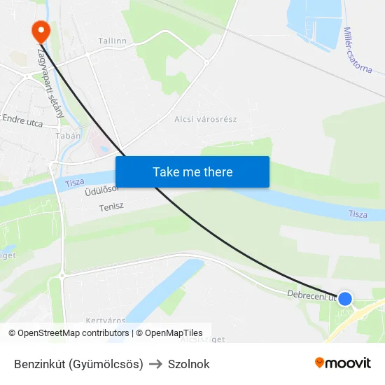 Benzinkút (Gyümölcsös) to Szolnok map