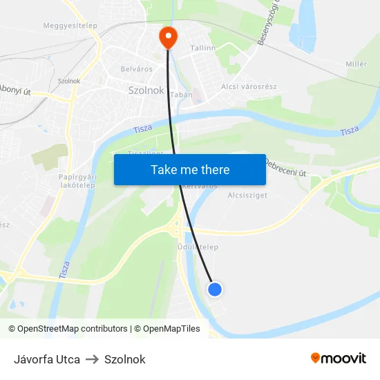 Jávorfa Utca to Szolnok map
