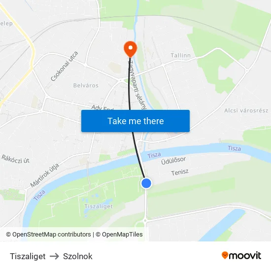 Tiszaliget to Szolnok map