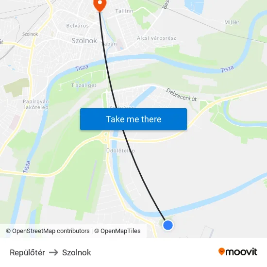 Repülőtér to Szolnok map