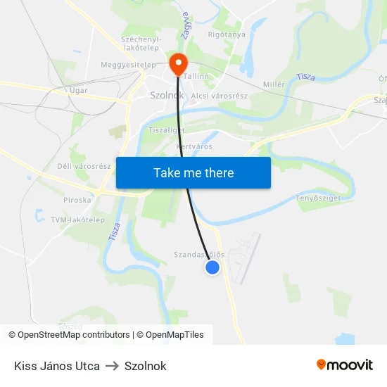 Kiss János Utca to Szolnok map
