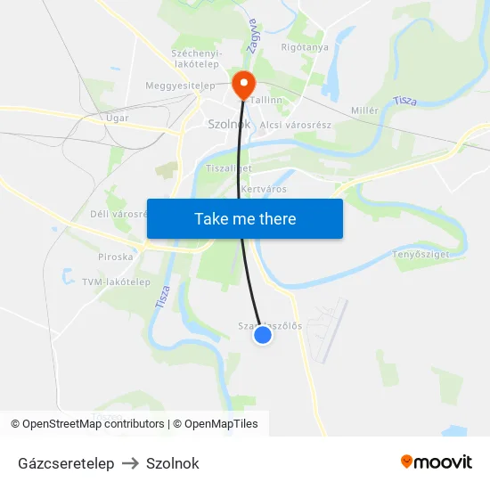 Gázcseretelep to Szolnok map