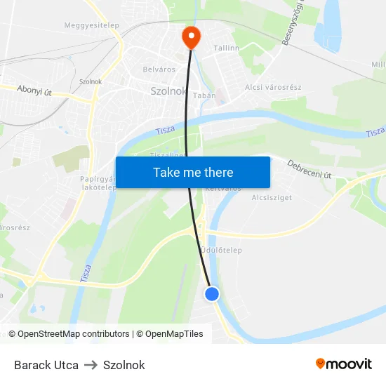 Barack Utca to Szolnok map
