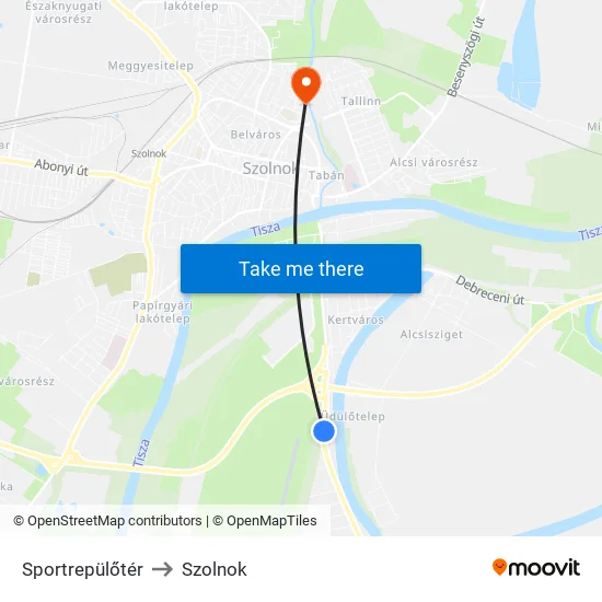 Sportrepülőtér to Szolnok map