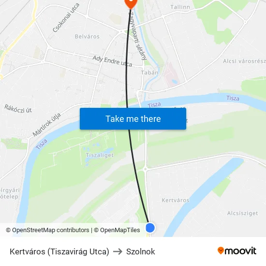 Kertváros (Tiszavirág Utca) to Szolnok map