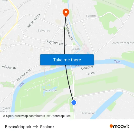 Bevásárlópark to Szolnok map