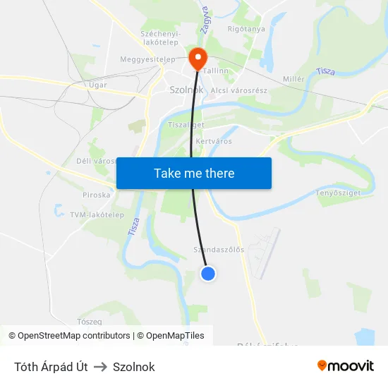 Tóth Árpád Út to Szolnok map