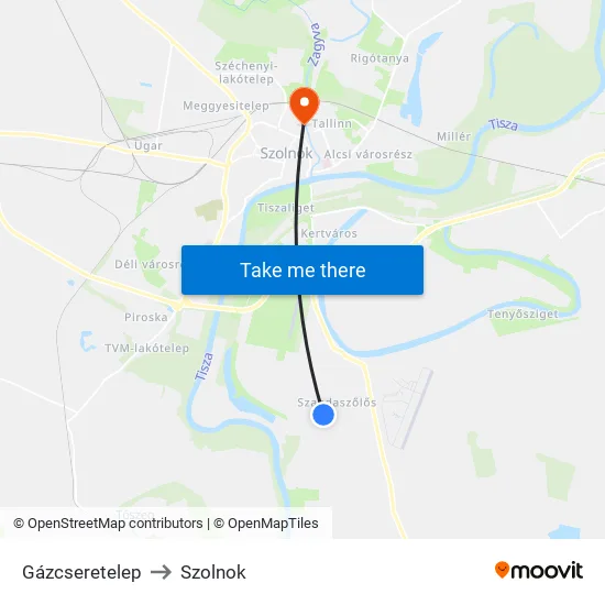 Gázcseretelep to Szolnok map