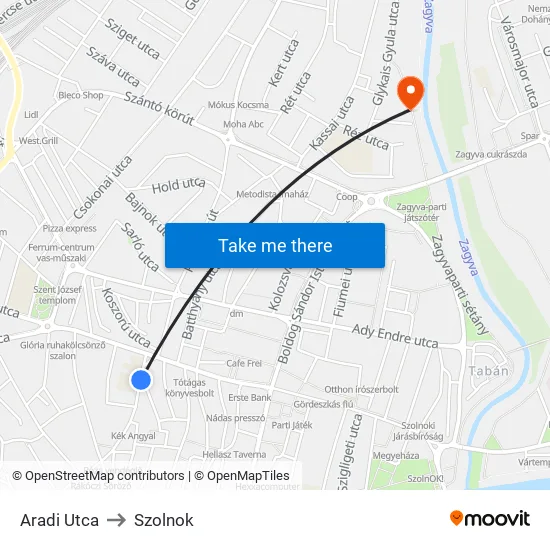 Aradi Utca to Szolnok map