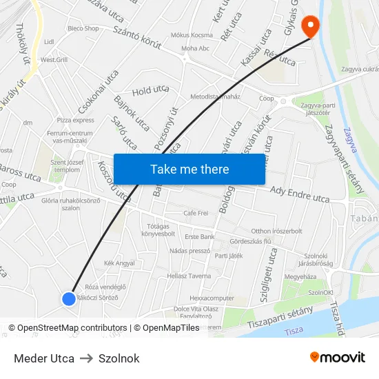 Meder Utca to Szolnok map