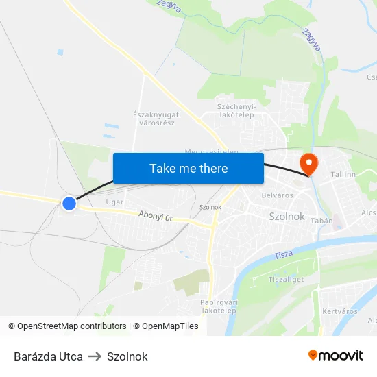 Barázda Utca to Szolnok map