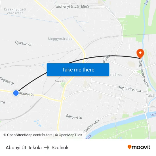 Abonyi Úti Iskola to Szolnok map