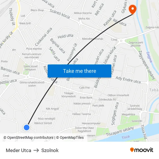 Meder Utca to Szolnok map