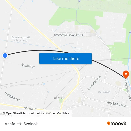 Vasfa to Szolnok map
