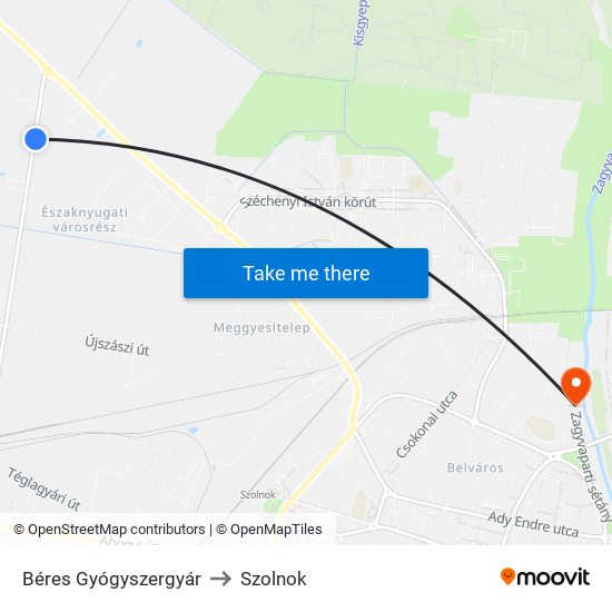 Béres Gyógyszergyár to Szolnok map