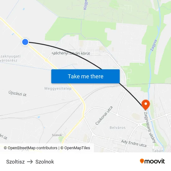 Szoltisz to Szolnok map