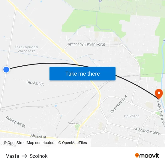 Vasfa to Szolnok map