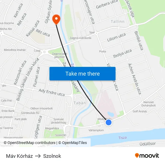 Máv Kórház to Szolnok map