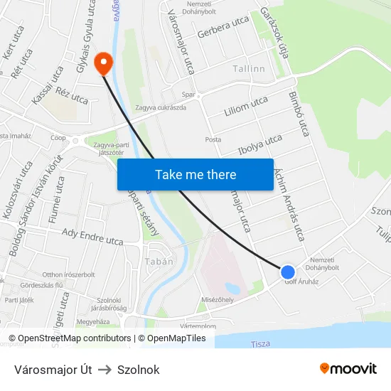 Városmajor Út to Szolnok map