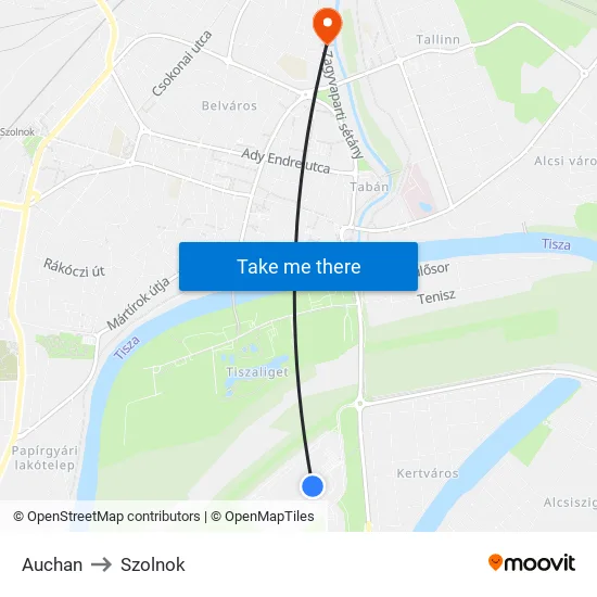 Auchan to Szolnok map
