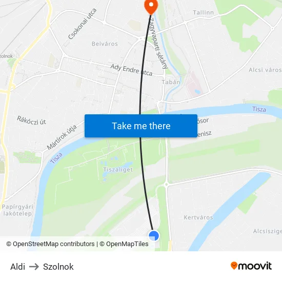 Aldi to Szolnok map