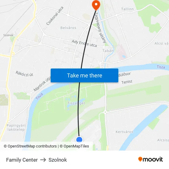 Family Center to Szolnok map