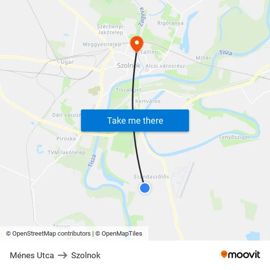 Ménes Utca to Szolnok map