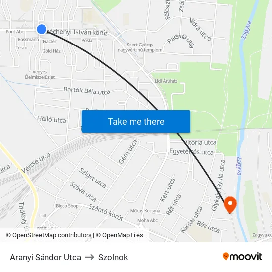 Aranyi Sándor Utca to Szolnok map