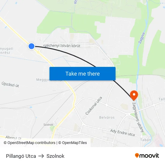 Pillangó Utca to Szolnok map