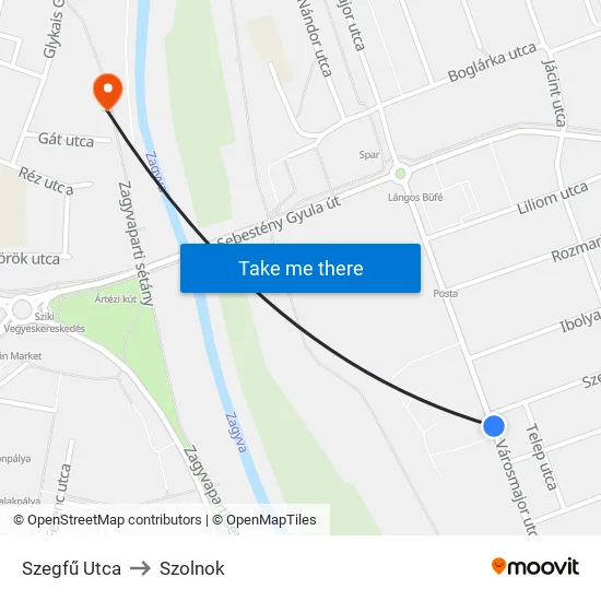 Szegfű Utca to Szolnok map