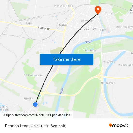 Paprika Utca (Unisil) to Szolnok map
