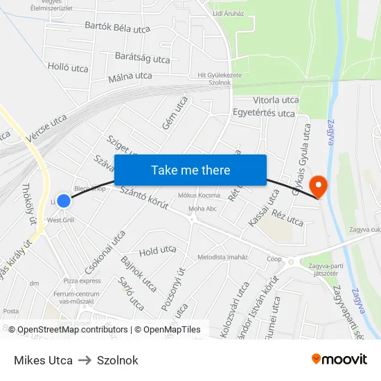 Mikes Utca to Szolnok map