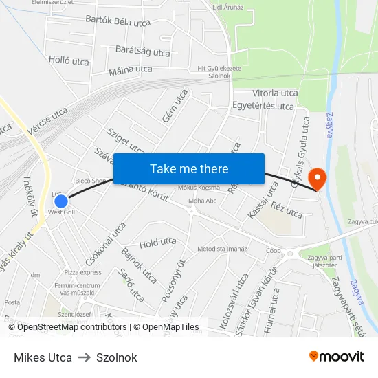 Mikes Utca to Szolnok map