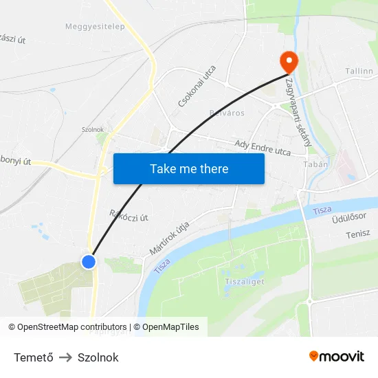 Temető to Szolnok map